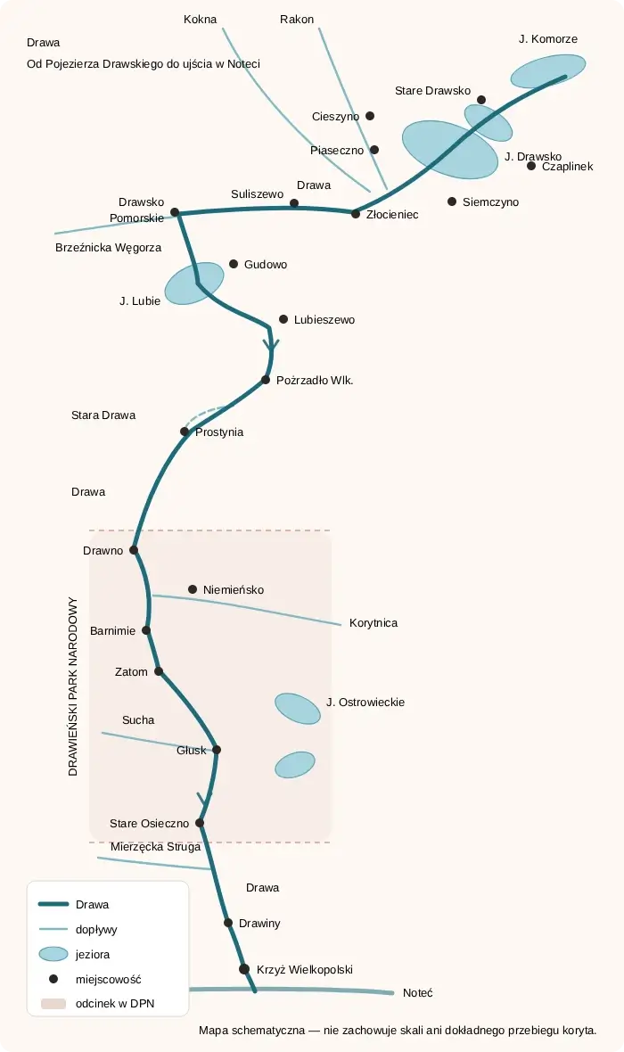 Schematyczna mapa biegu Drawy od Pojezierza Drawskiego przez Drawieński Park Narodowy do ujścia w Noteci pod Krzyżem Wielkopolskim