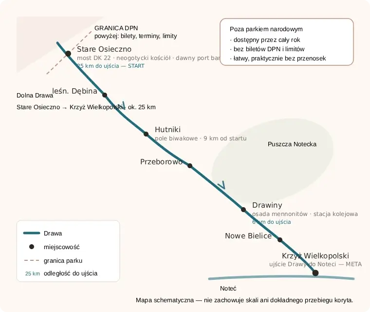 Mapa dolnego biegu Drawy od Starego Osieczna przez Drawiny do ujścia w Noteci pod Krzyżem Wielkopolskim, odcinek poza Drawieńskim Parkiem Narodowym